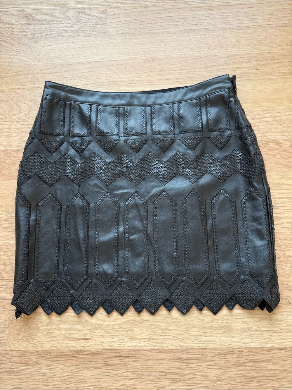 Black Embellished Leather Mini Skirt - Women's